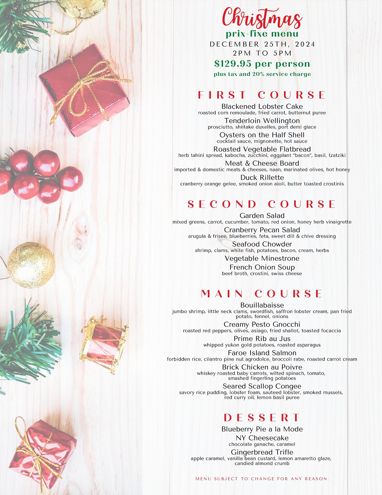 2024 Christmas Prix-Fixe Dinner Menu