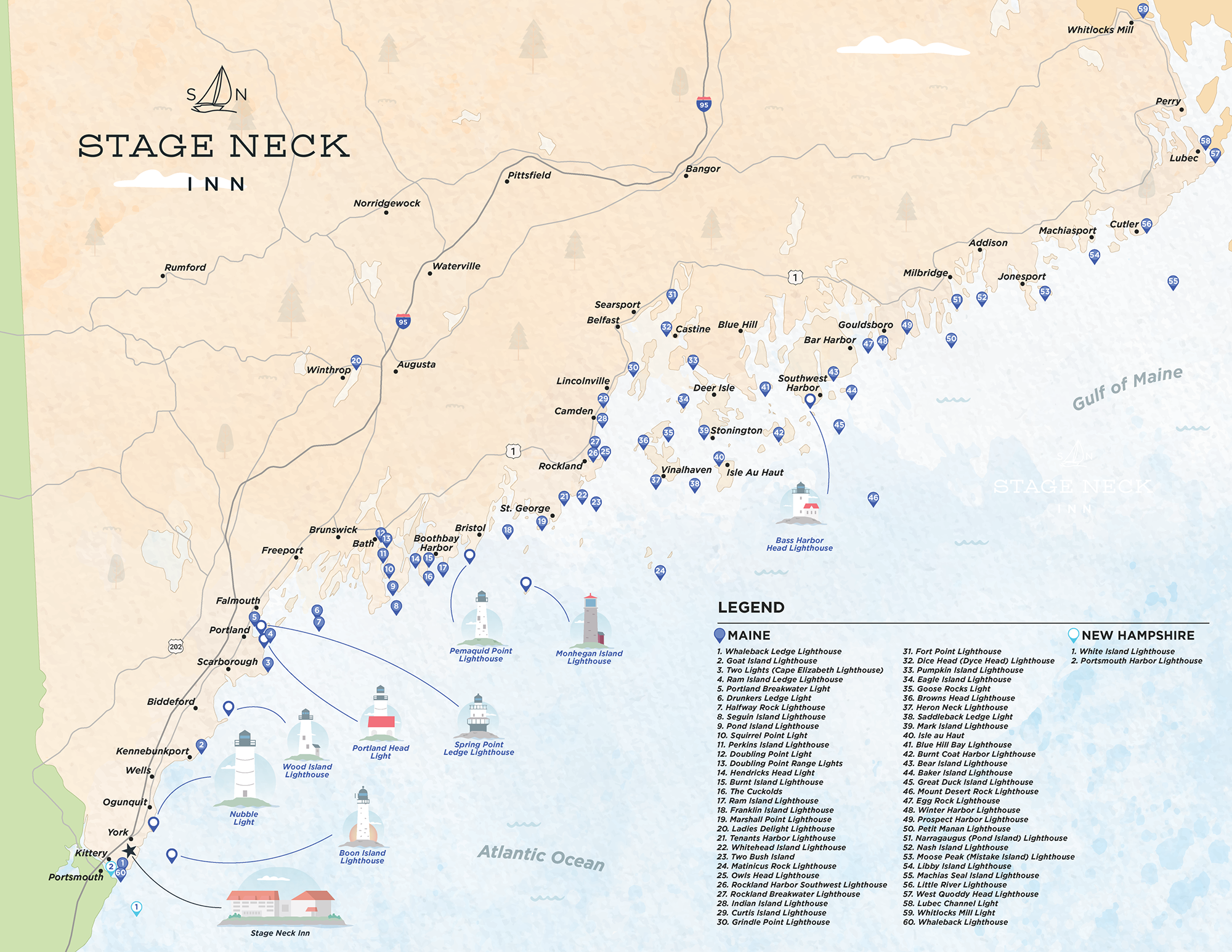 Maine Lighthouses Map from Stage Neck Inn